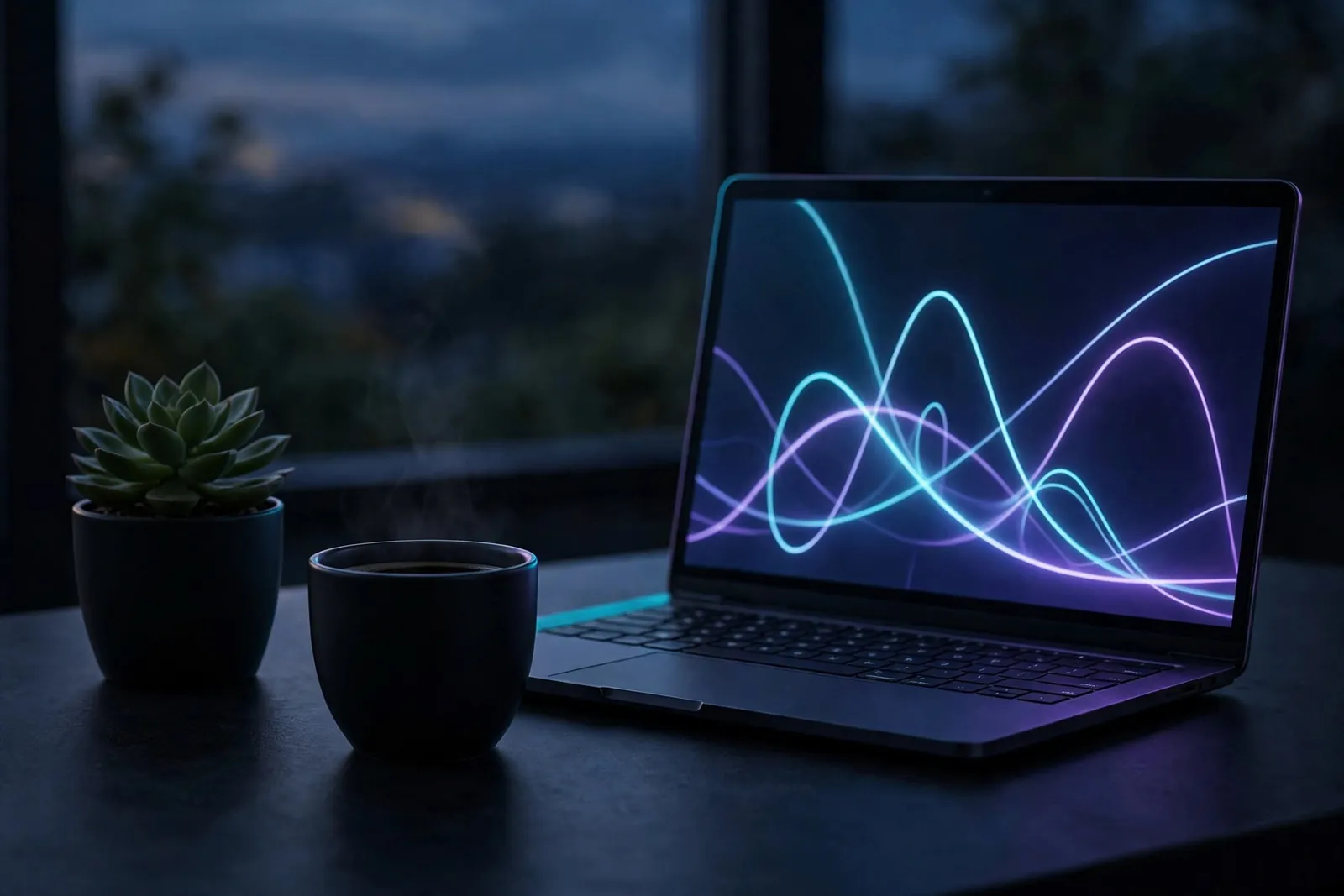 A laptop with charts on a desk